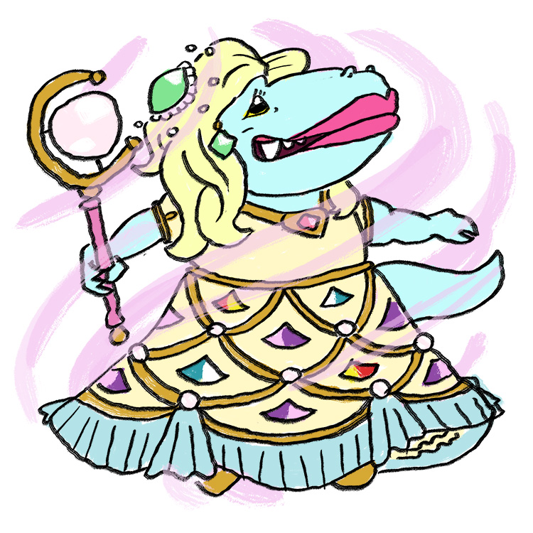 Drawing of a pastel colored anthropomorphic dinosaur wearing an ornate gown and holding a sailor moon staff. It is a Grarrl from Neopets.
